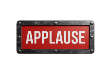 Applause Sign in Metal Frame with Red Background and White Text in Studio Lighting for Event Promotion