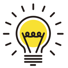 アイディアやひらめきのイラスト。電球のアイコン。ランプのロゴ。Glowing lamp icon.