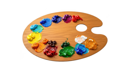 Wooden artist paint palette with colorful paints isolated on transparent background