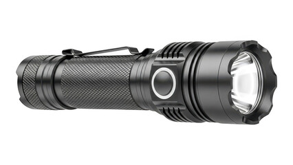 Black flashlight with textured grip and silver accents isolated on transparent background