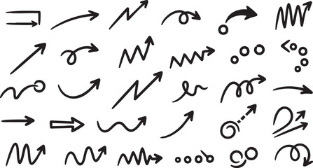 A diverse collection of hand-drawn black arrows in various styles and directions, perfect for graphic design elements.