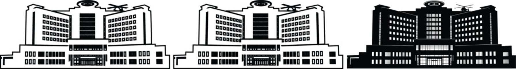 A set of three different black and white illustrations of a large hospital building