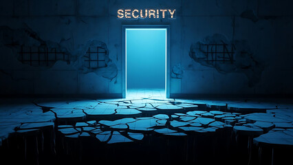 A dimly lit room with a bright blue door and scattered papers on the floor with a security theme