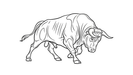 Muscular bull with large horns in aggressive stance