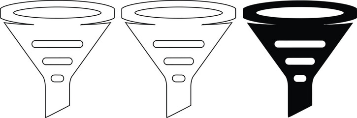 A set of three funnel shapes in black and white for marketing and sales concepts