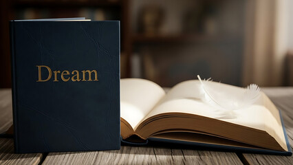 A book titled dream and an open book on a wooden table
