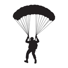 Silhouette of a paratrooper gracefully descending with an open parachute against a clear sky