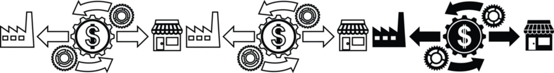 Business cycle with money and gears turning in industrial and retail process