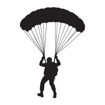 Silhouette of a paratrooper gracefully descending with an open parachute against a clear sky