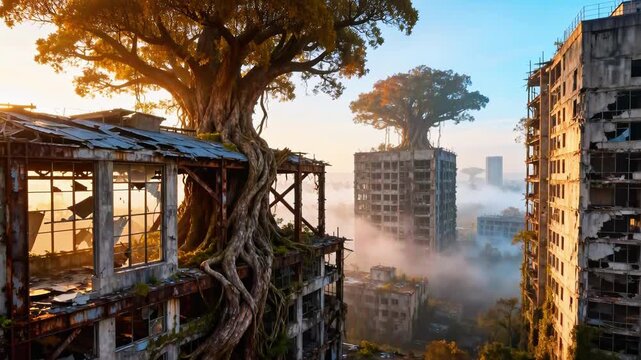 Gigantic banyan trees erupt through abandoned high-rises at sunrise, roots clutch rusted frames, shattered windows in foreground and foggy city in background, oppressive postapocalyptic atmosphere