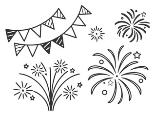 Minimal Fireworks Line Art Icons in Black and White &ndash; Modern Celebration Vector Set
