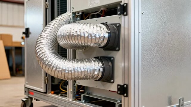 Medium shot of a modular mobile HVAC unit being assembled onsite highlighting flexible components designed for scalable air handling in isolated locations.