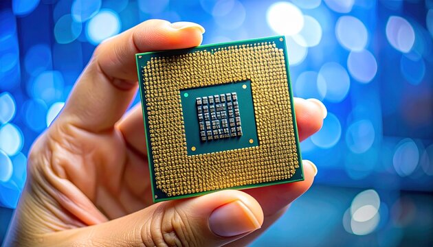 Hand holding an Intel Core i5-14600K 14th gen desktop CPU microprocessor chip for high performance computing and gaming PCs.