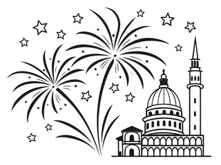 Minimal Fireworks Line Art Icons in Black and White &ndash; Modern Celebration Vector Set