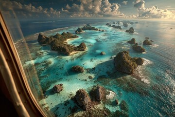 Tropical islands surrounded by turquoise water and coral reefs. Generative AI