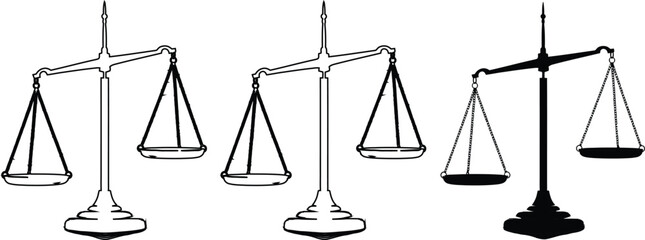 Various Illustrations of Balance Scales in Different Styles and Line Weights