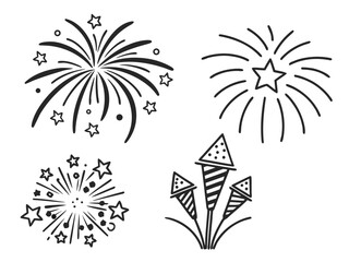 Minimal Fireworks Line Art Icons in Black and White &ndash; Modern Celebration Vector Set