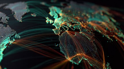 Digital map in medium shot showcasing dynamic routing of data packets within an intricate global content delivery network infrastructure highlighting speed and coverage.