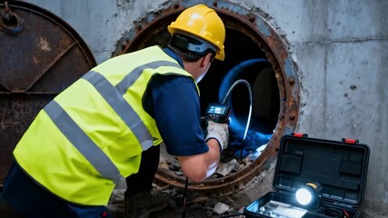 Technician guiding a fiber optic camera through underground pipes for detailed internal inspection and maintenance assessment.
