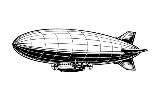 Side profile of a vintage zeppelin-style airship cruising smoothly