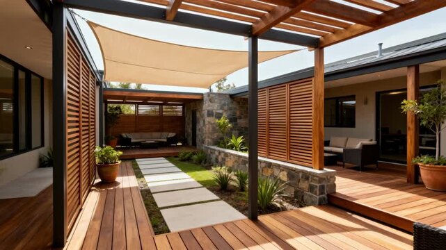 Medium shot focusing on a deck layout with mixed open and covered sections emphasizing functional flow and privacy elements