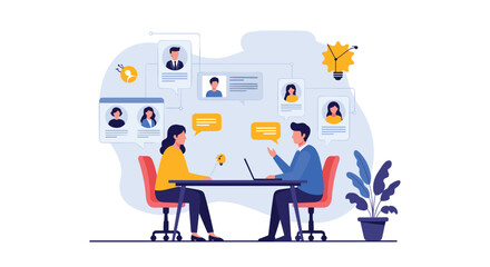 Human resources recruitment concept with two people interviewing and candidate profiles displayed in background.