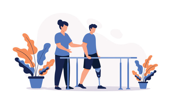 Patient with a prosthetic leg undergoing physical therapy rehabilitation session with a medical professional.