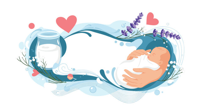 Tender newborn baby sleeping peacefully in hands with milk, lavender, and hearts in a soft artistic illustration.