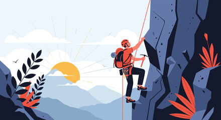 Rock climber ascending steep cliff face during beautiful sunrise over mountain range to represent outdoor adventure.