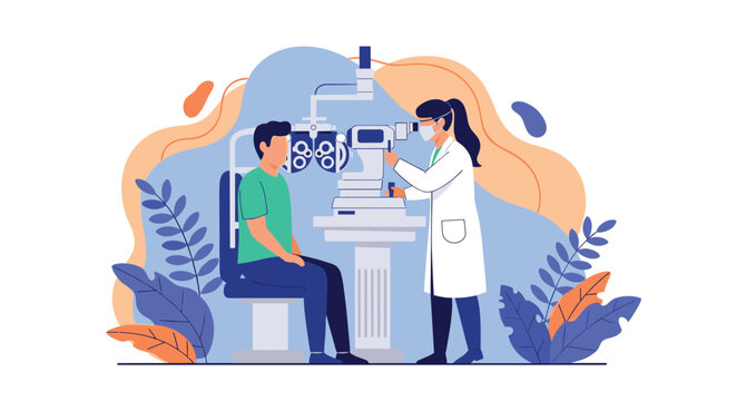 Optometrist conducting professional eye examination for patient using specialized medical equipment in clinic.