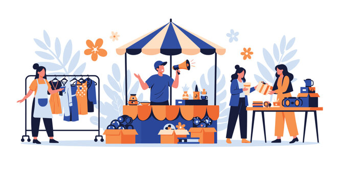 People browsing and selling items at vibrant outdoor flea market with clothing racks, tables, and stall vendors.