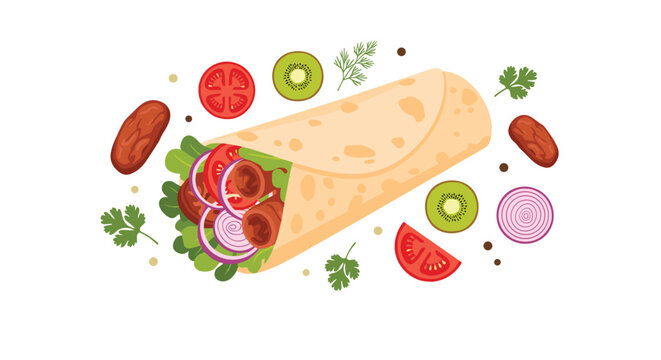 Delicious meat burrito or wrap surrounded by fresh ingredients like tomatoes, onions, kiwi, and meat chunks.