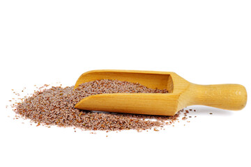 Plantago ovata seeds with wooden scoop isolated on a white background
