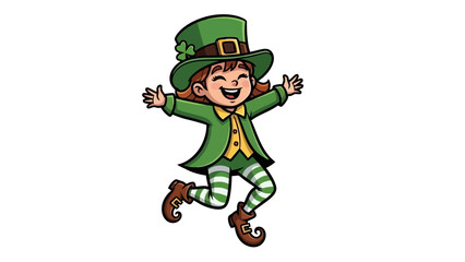 Joyful Cartoon Leprechaun Girl Dancing with Arms Wide Open.