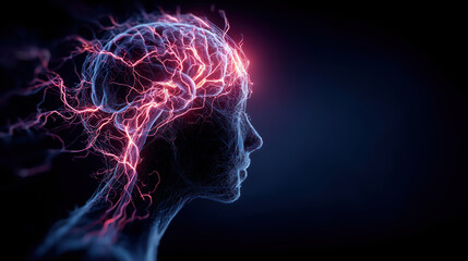 Neural network visualization inside glowing head silhouette