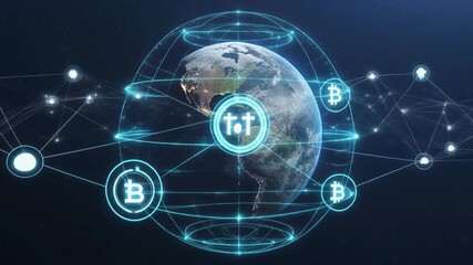 Earth surrounded by a glowing network of interconnected nodes and Bitcoin symbols in space planet globe - Powered by Adobe