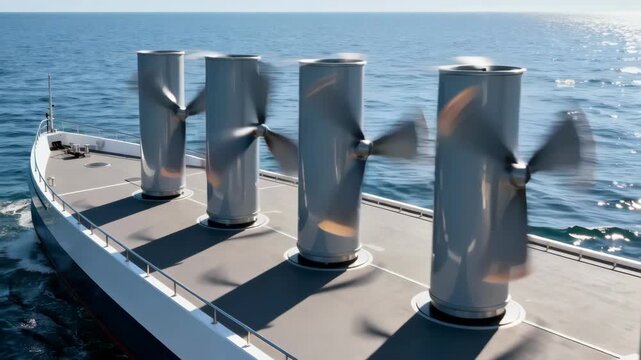 Medium shot focusing on a vessel equipped with rotating vertical cylinders showing the innovative wind propulsion mechanism in action on calm seas.
