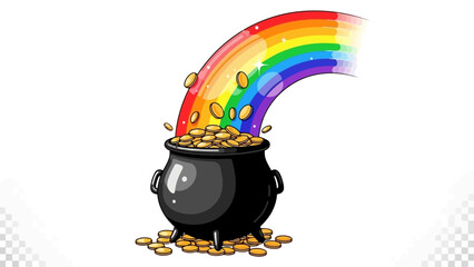 Pot of gold overflowing with coins from rainbow. © Yuma