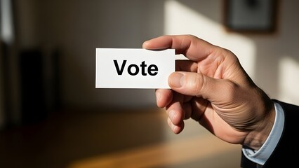 Mature businessman wearing a dark suit holds up a small white card displaying the bold black word vote indicating participation in an important election or civic duty concept.