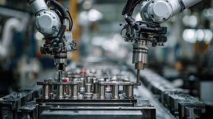 Medium shot of collaborative robots assembling intricate metal parts in a foundry showcasing automation enhancing precision and safety in repetitive manufacturing tasks.