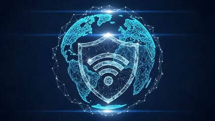 Digital representation of global wifi network security featuring a glowing blue shield icon with signal waves superimposed over a wireframe earth globe in a dark futuristic cyberspace environment