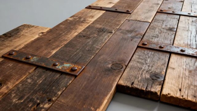 Medium shot of reclaimed wood panels showcasing industrialstyle floorboards with weathered metal accents and textured rough surfaces.