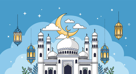 Beautiful white mosque architecture at night with golden lanterns, crescent moon, and clouds for a religious festival celebration.