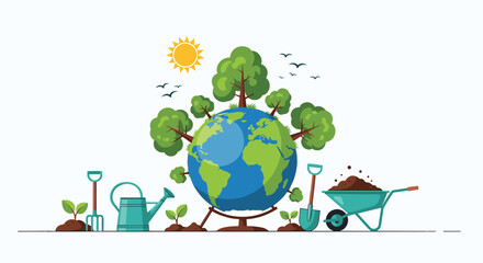 Planet earth globe growing trees surrounded by gardening tools like a watering can, shovel, and wheelbarrow for environmental care.