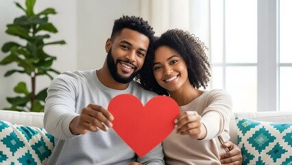 Smiling couple holding red heart while sitting on sofa in living room with window and plant