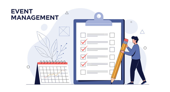 Event management professional checking tasks on a giant clipboard with a calendar and decorative plants representing organization.
