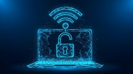 Digital concept of an unlocked padlock superimposed over a glowing blue polygonal laptop screen symbolizing secure wireless network access and data protection technology in cyberspace.