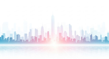 Gradient hued skyline silhouette over abstract data ground in this digitally rendered urban landscape featuring buildings, skyscrapers, and network patterns.