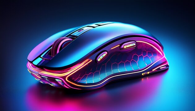 futuristic gaming mouse wireless computer peripheral with vibrant blue and pink rgb lighting
