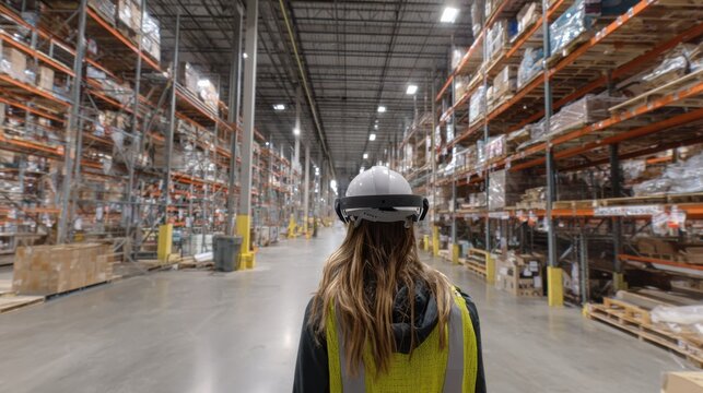 Guided augmented reality tour inside a large warehouse with a virtual assistant providing realtime directions and detailed insights on inventory and logistics. - Powered by Adobe